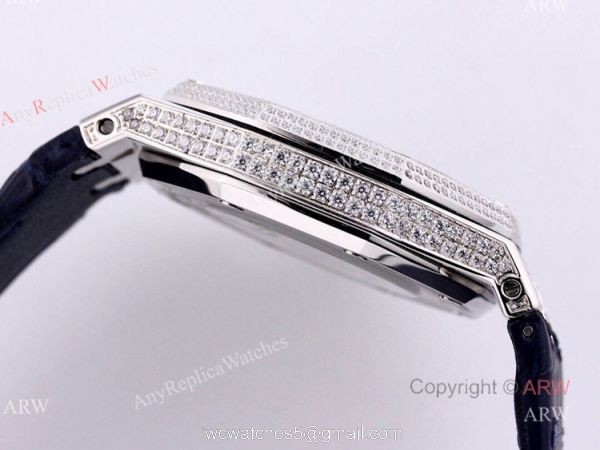 Swiss Replica Iced Out Audemars Piguet Royal Oak Blue Dial Watch Blue Leather Strap 3