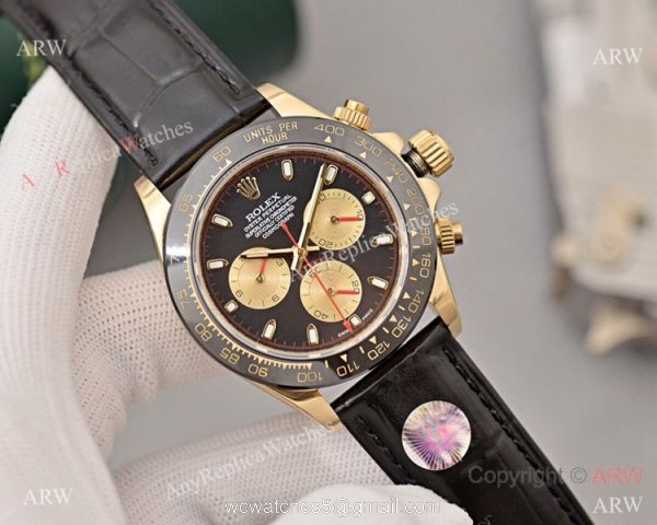 Best Replica Rolex Daytona watch Gold Dial with Diamond Leather Strap 3