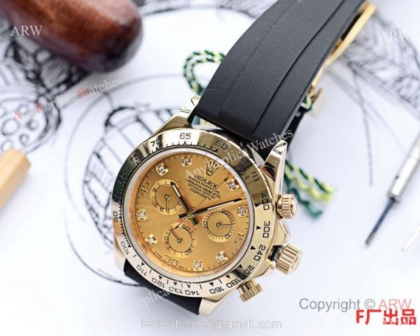 Best Replica Rolex Daytona Rubber Band Watch Gold Diamond Face 40mm 3