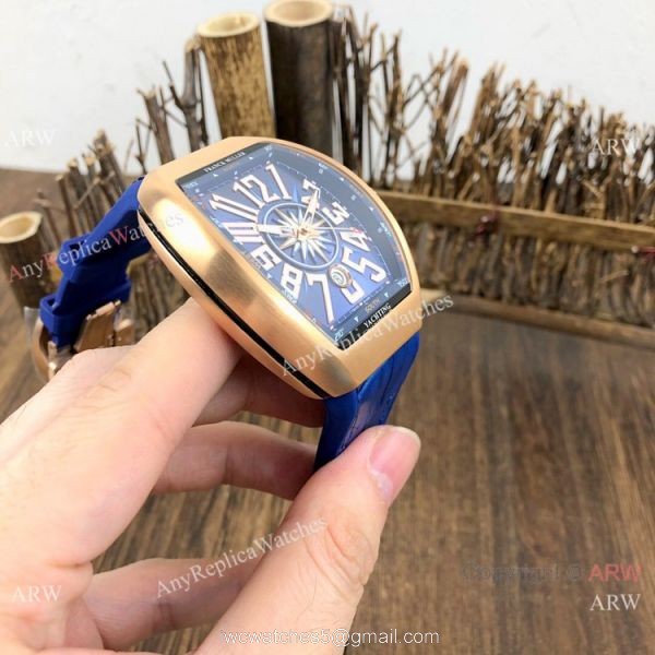 Replica Franck Muller Vanguard V45 Automatic Watch Rose Gold Blue Gummy Strap 3