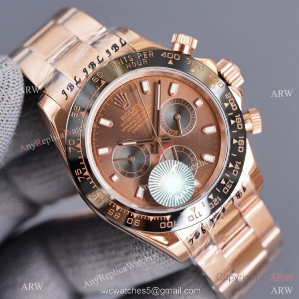 Swiss Quality Copy Rolex Rose Gold Daytona 40 Watch Black Ceramic Bezel Chocolate Dial 3