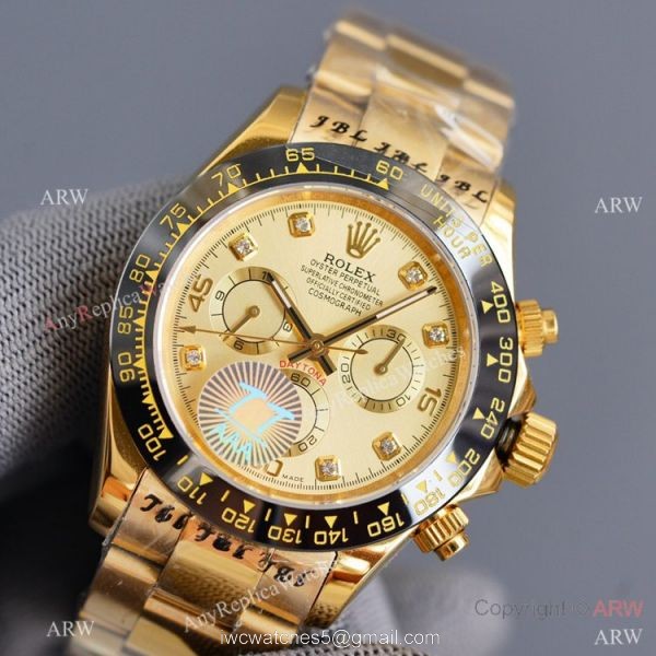 Swiss Quality Replica Rolex Daytona Watch 40mm Gold Diamond Dial Black Ceramic Bezel 3