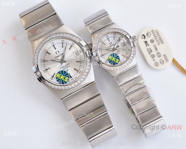 Swiss Quality Clone Omega Double Eagle Couple Watches Silver Dial Diamond Bezel 38mm and 27mm 3