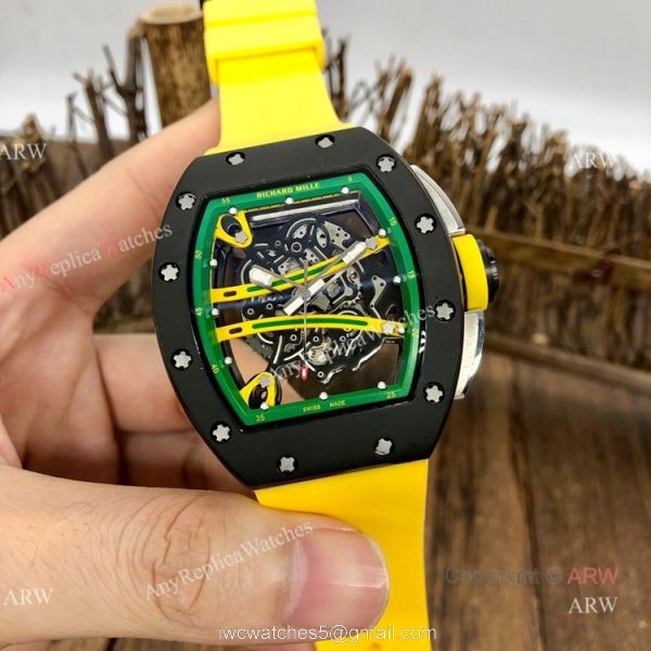 Knockoff Richard Mille Green Skeleton Watch Richard Mille RM 61-01 with Yellow Rubber Strap 3