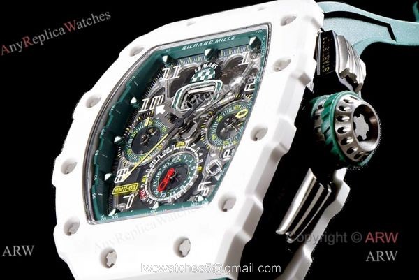 KV Factory Knockoff Richard Mille Green Rubber White Ceramic Replica Watch RM11-03 3