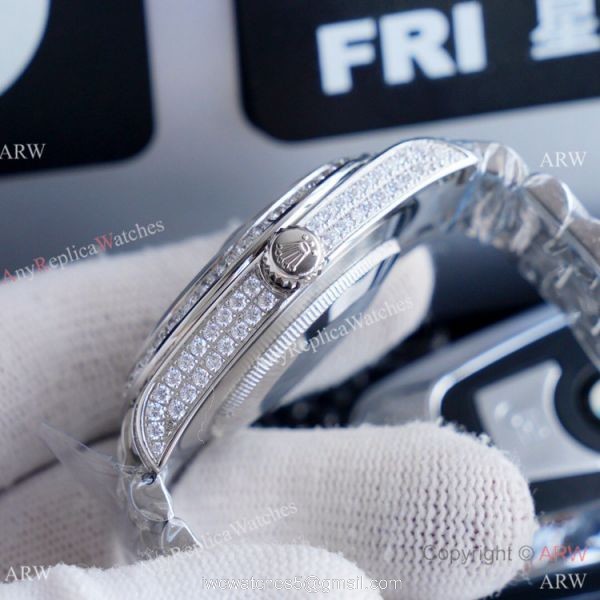 Replica Rolex Day Date II Watches Stainless Steel Iced Out Diamond Case 3