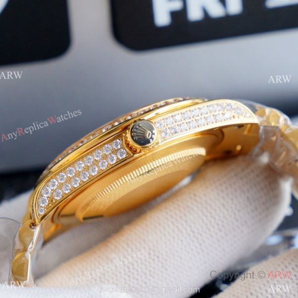 Replica Rolex Day Date II Watches Gold Iced Out Diamond Silver Dial 3