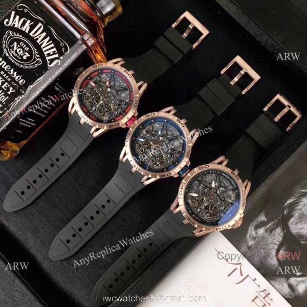 Replica Roger Dubuis Excalibur Double Flying Tourbillon Watches Black Skeleton Dial Rose Gold 3