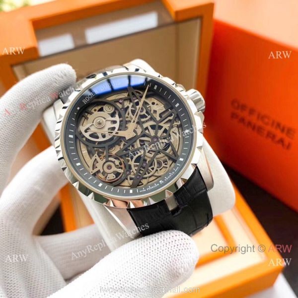 Roger Dubuis Excalibur Replica Watches SS Black Leather Strap 3