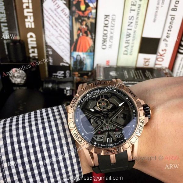 New Style Roger Dubuis Excalibur Lamborghini Huracan Watches Rose Gold Red Rubber Strap 3