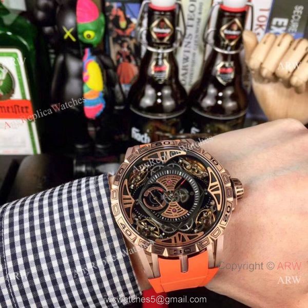 Copy Roger Dubuis Excalibur Quatuor Men Watches Red Rubber Strap Rose Gold Case 3