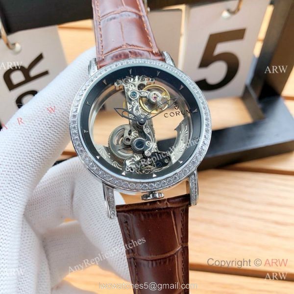 Copy Corum Bridge Transparent Dial Corum Watch Diamond Bezel Rose Gold 3