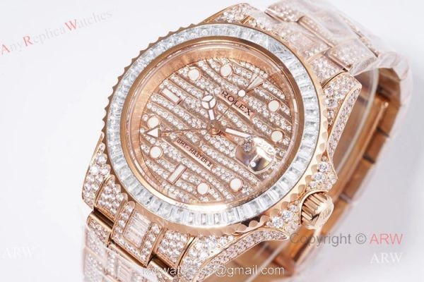 Best Replica Rolex GMT Master ii Full Diamond Rose Gold Watch 40mm 3