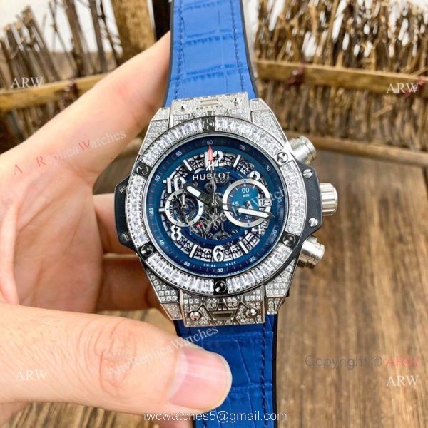 Best Quality Hublot Big Bang Unico Sapphire Iced Out Watches Blue Rubber Strap 3