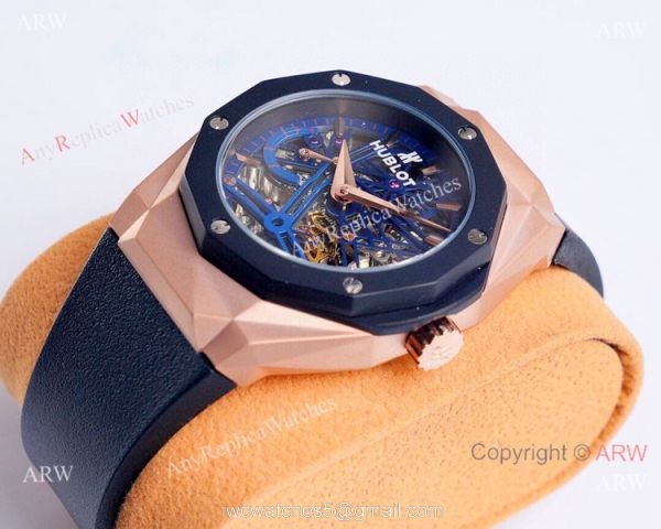 Copy Hublot Classic Fusion Skeleton Watches Rose Gold Rubber Strap 3