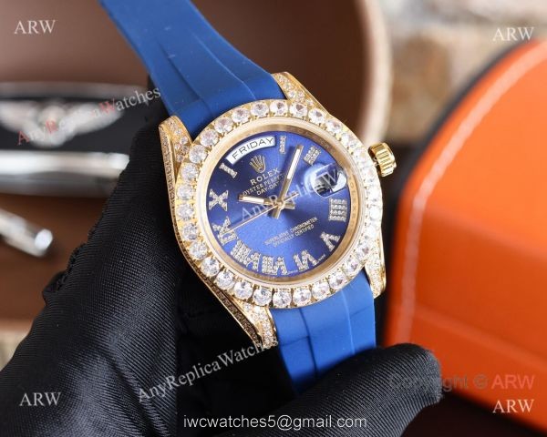 Knock-off Rolex Day-Date 40MM Blue Face Diamond Case Rubber Strap Watch 3