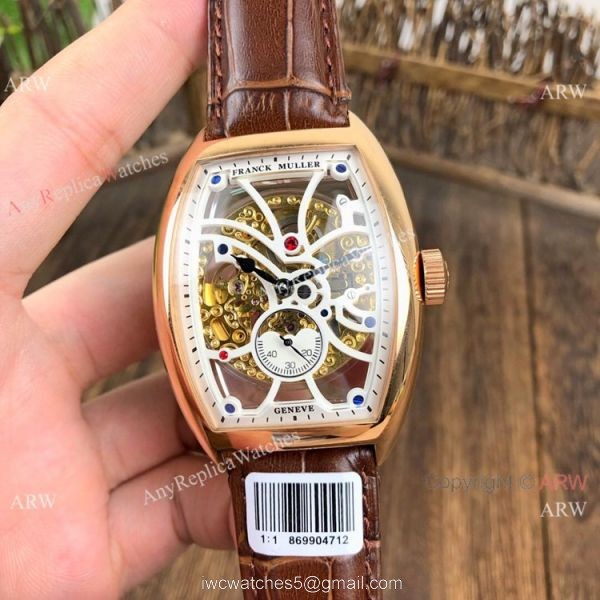 Knockoff Franck Muller Cintree Curvex Skeleton Watches SS Diamond Brown Leather Strap 3