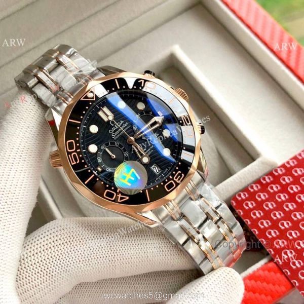 Copy Omega Seamaster 300M Chronograph Watch Two Tone Rose Gold Dark Blue Dial 3