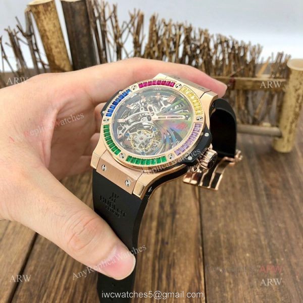 Super Clone Hublot Tourbillon Skeleton Big Bang Rose Gold Rainbow Watch 3