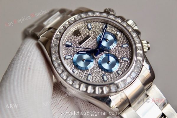 New Full Diamond Rolex Daytona Stainless Steel Swiss 7750 Replica Watch 3