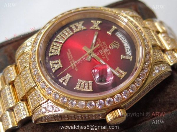 Mens Rolex Day Date Replica Watch Asian 2836 Red Face Rolex Iced Out Watch 3