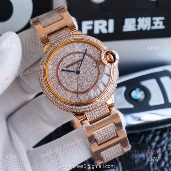 1:1 Copy Rose Gold Cartier Ballon Bleu Replica Full Diamond Watch 42mm 3