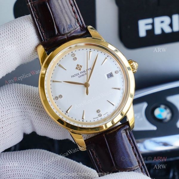 New Patek Philippe Calatrava Replica Watch Gold Dial With Brown Leather Band 3