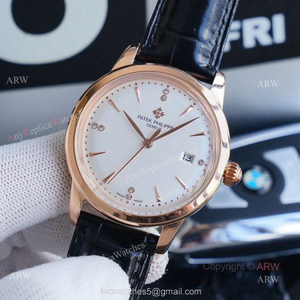 New Patek Philippe Geneve Copy Watches White Dial Black Leather Strap 3