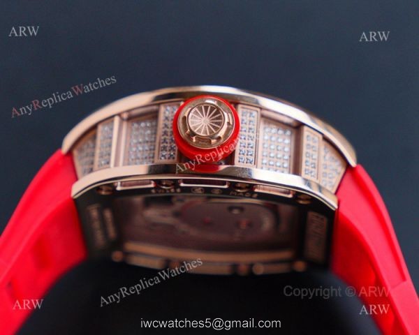Rose Gold Richard Mille RM 052 Skull Replica Watch With Red Rubber Strap 3