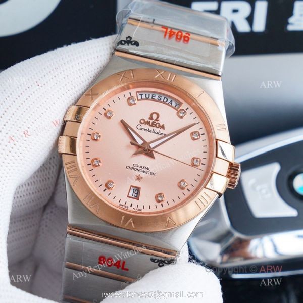 1:1 Swiss Replica Omega Constellation Double Eagle Rose Gold Diamond Watch 38mm 3