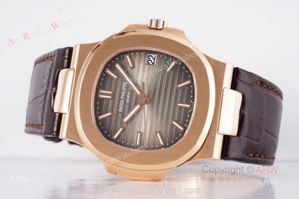 Swiss Patek Philippe Nautilus Rose Gold Grey Dial Brown Leather Strap Replica Watch 3