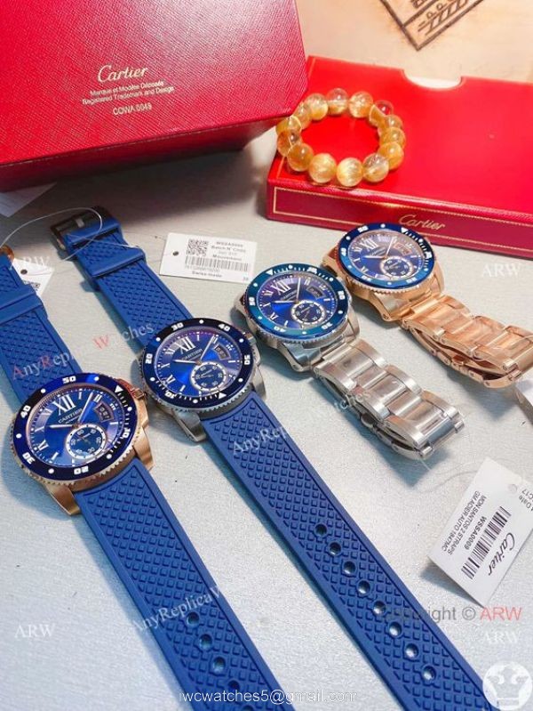 New! Replica Cartier Calibre de Quartz Watches Rose Gold Blue Bezel 3
