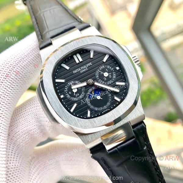 Copy Patek Philippe Nautilus White Face Annual Calendar Watch Brown Leather Strap 3