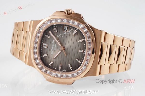 (PPF) V4 Version Swiss Replica Rose Gold Patek Philippe Nautilus Diamond Watches With Gray Dial 3