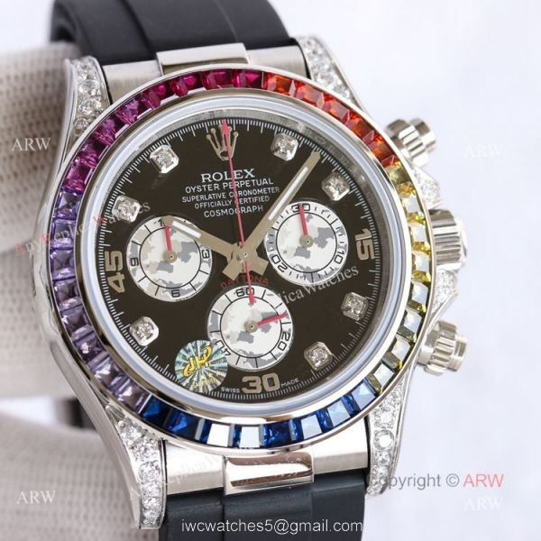 Swiss Replica Rolex Rainbow Daytona Black Face With Diamonds Oysterflex Strap Watch 3
