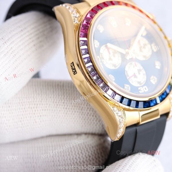 New Gold Rolex Daytona Rainbow Diamond Bezel Black Dial With Diamonds Watch Replica 3