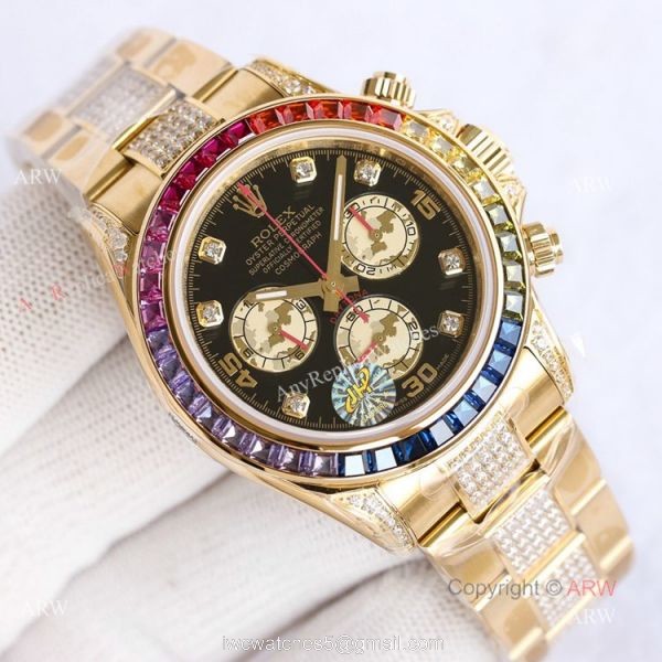 Swiss Replica Rainbow Rolex Daytona Gold With Black Diamond Dial Rolex Oyster Band With Diamonds 3