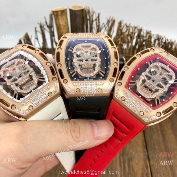 New Replica Richard Mille Skull RM52-01 Rose Gold White Rubber Strap Watch 3