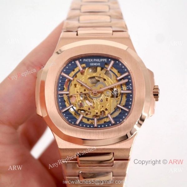Copy Patek Philippe Skeleton Nautilus Watches Rose Gold 3