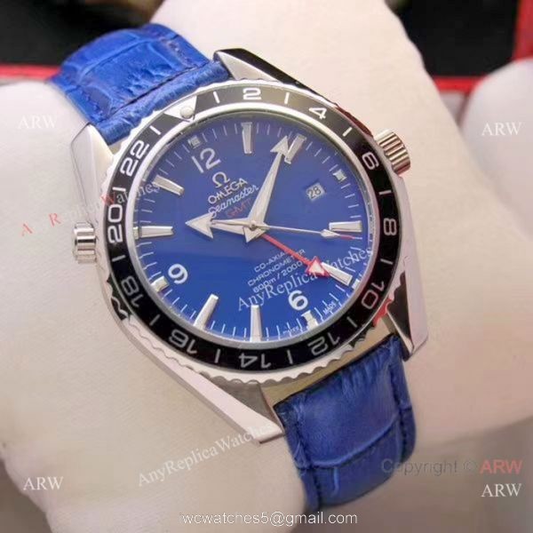 Copy Omega Seamaster GMT 45mm Watches SS Black Leather Strap 3