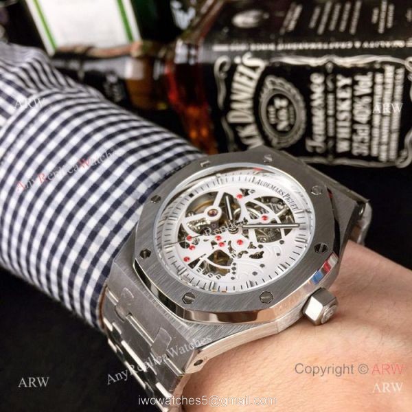 Audemars Piguet Royal Oak Stainless Steel Black Dial Fake AP Skeleton Watch 3