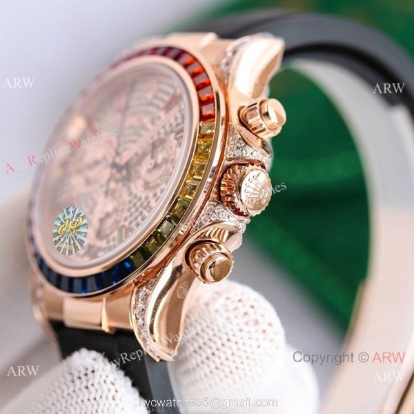 Swiss 7750 Rolex Rainbow Daytona Rose Gold Diamond Dial Rubber Strap Watch 40mm 3