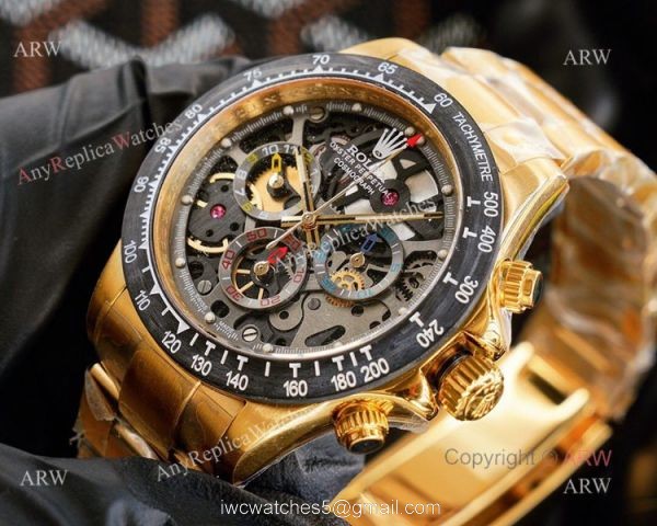 Best Replica Rolex Daytona Skeleton Montoya Yellow Gold Swiss 4130 Carbon Watch 3