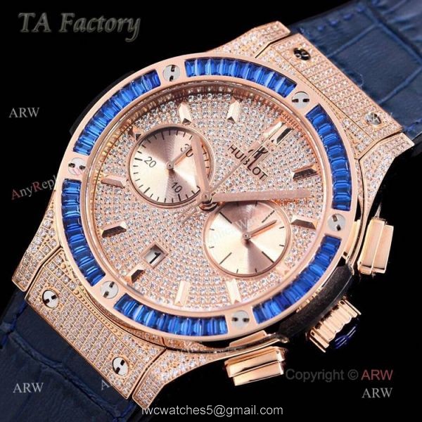 Hublot Big Bang Rose Gold Diamonds Swiss Replica Watches With Blue Diamond Bezel 3