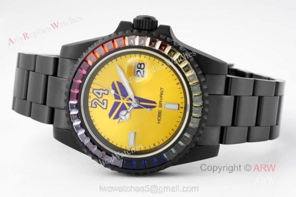 Swiss Replica Blaken Rolex Kobe Bryant Rainbow Diamond Bezel Yellow Dial Watch For Men 3