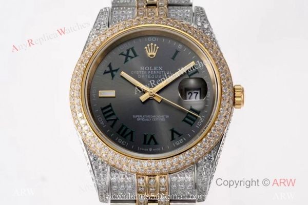 TW Factory Swiss Rolex Iced Out Datejust Watch Two Tone Grey Dial 41mm 3