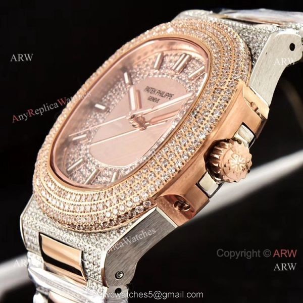 Luxury Patek Philippe Nautilus Full Diamond Automatic Watches Rose Gold Case 3