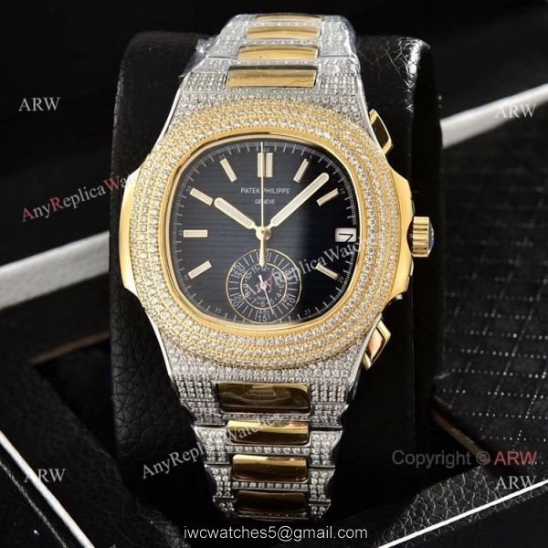 Luxury Patek Philippe Nautilus Iced Out Chrono Watches Two Tone Case 3