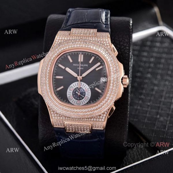Japan Grade Patek Philippe Nautilus Chronograph Watches Rose Gold Diamond Case 3