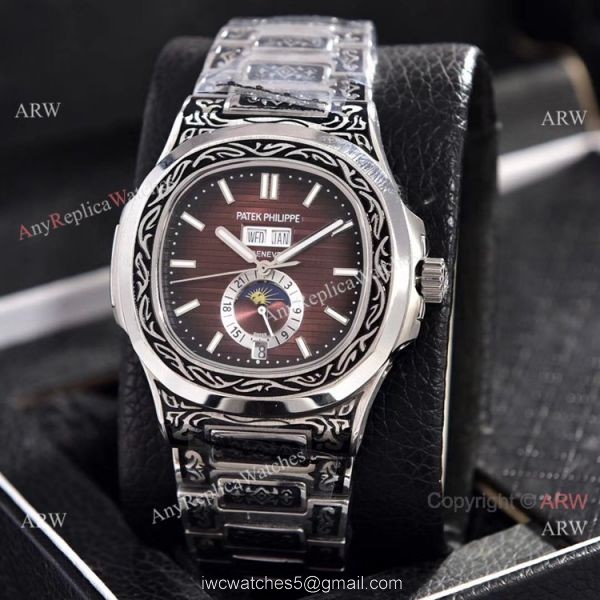 Copy Patek Philippe Nautilus Annual Calendar Watches Silver Dial Engraving Case 3
